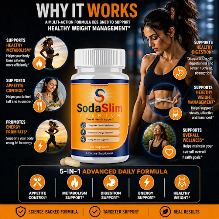 SodaSlim Why It Works infographic — supports healthy metabolism, appetite control, energy from fats, healthy digestion, healthy weight management, and overall wellness