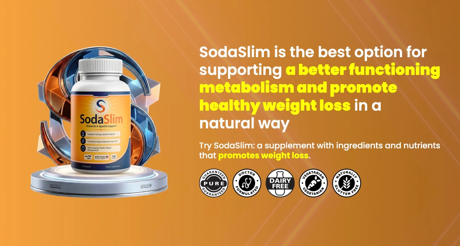 SodaSlim Capsules bottle on a futuristic podium with purity and quality badges